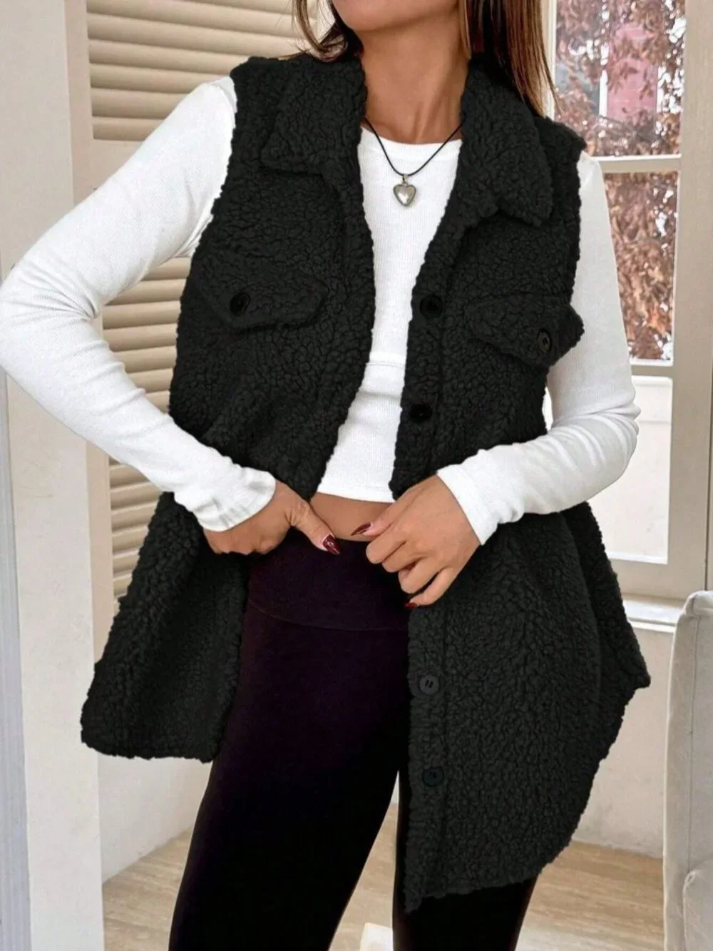 Black Casual Women's Long Teddy Vest